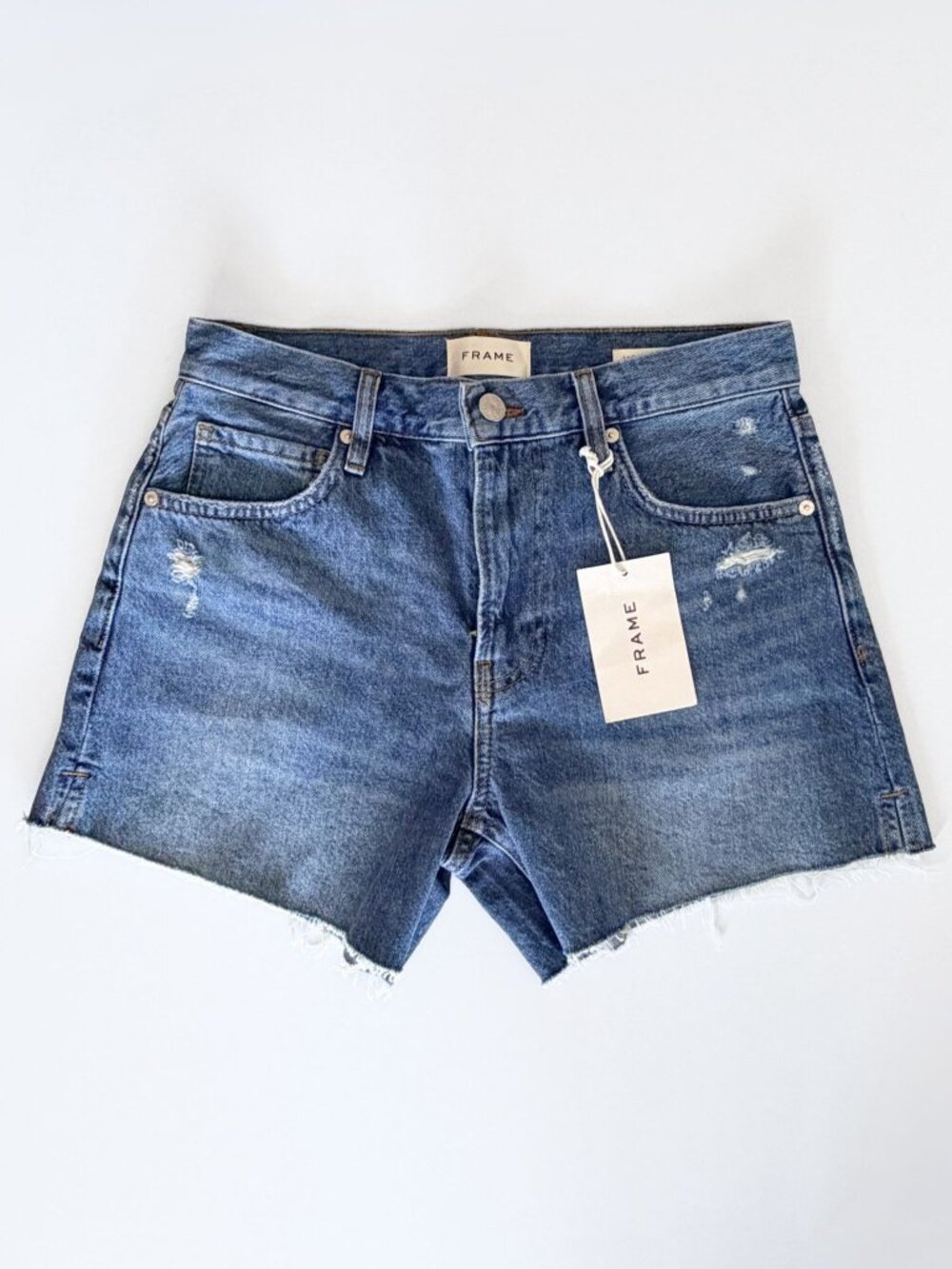 NWT FRAME Le Super High Waist Denim Shorts Mariner Raw Hem Distressed 26
